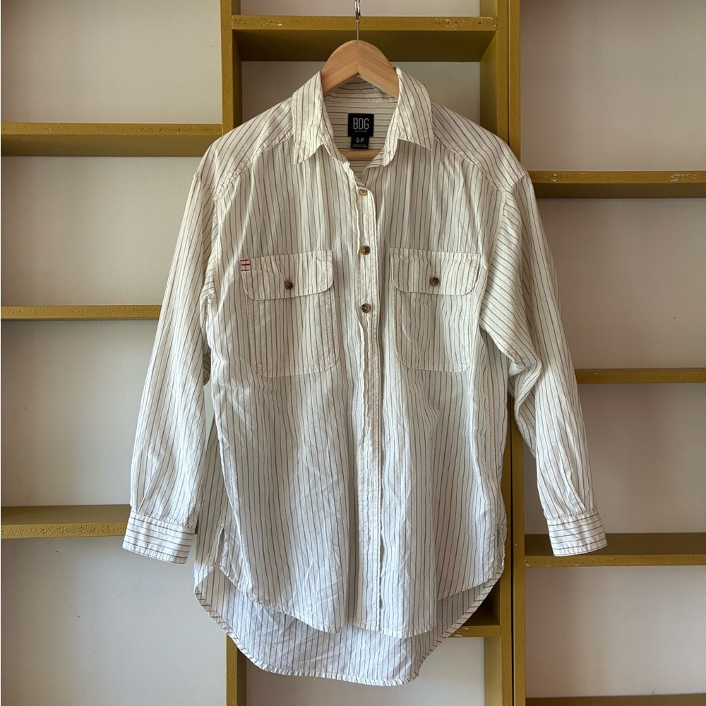BDG Ivory Button-Up Shirt with Thin Gray Stripes